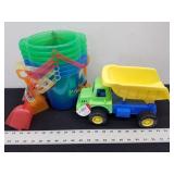 6- Plastic Buckets&Shovels & Toy Dump Truck