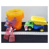 6- Plastic Buckets&Shovels & Toy Dump Truck