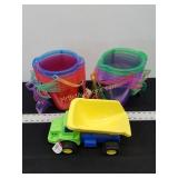 10- Plastic Buckets W/ Shovels & Toy Truck