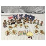 Girl figures, 5 US flags and bear plaque
