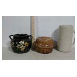 Stoneware foot warmer, dutch oven, & painted pot
