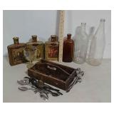 Silverware tray, silverware, bottles, & decanters