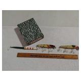 2 wooden lures, 1 wooden bobber, & box