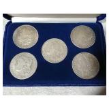 5 Morgan dollars 1880,1881,1883,1881,1882