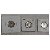 3 Mercury dimes 1937,1940,1942