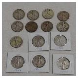 14 Walking Liberty half dollars 1917--1946