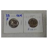 2 Buffalo nickels 1938, 1937