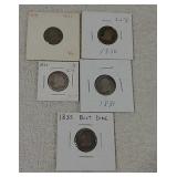 5 Bust dimes 1831, 1836, 1830, 1831, 1835