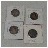 4 Seated Liberties Quarters 1853, 1857, 1861, 1877