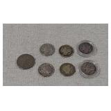 5 Mercury Dimes, 1 shield, 1 Barber dime