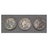 2 Mogans 1878,1887O & 1 Peace 1923D