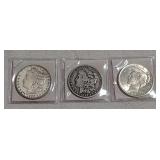 2 Morgan 1900O,1897O & 1 Peace 1924 dollars