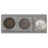 2 Morgan 1921,1896 & 1 Peace 1923 dollars