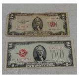2 $2 bills red ink 1953 & 1928