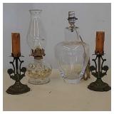2 candle looking lamps, 1 oil lamp, 1 clear lamp