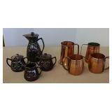 Chocolate tea set and copper mugs