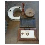 2 stove doors,  bottle press, C, and wooden wheel