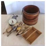 Scale, wooden bucket, tray, and more