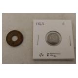 1863 half dime and foreign coin