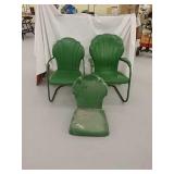 2 clamshell green metal chairs & 1 seat
