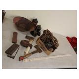 Old oil cans,axes,block tackle set