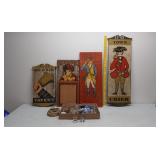 4 wood signs, display pcs, glassware +
