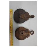2 wood and iron pulleys