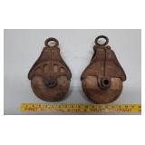 2 wood and iron pulleys