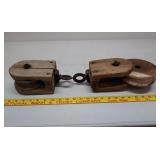 2 wood and iron pulleys