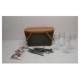 Picnic lot basket, flatware and outdoor stemware