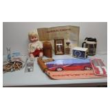 Misc lot. Sleepy eyed doll,clocks etc