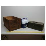 Wood crate metal toolbox and cooler