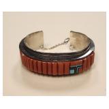 Harrison Jim Navajo Silver Coral Turquoise Cuff