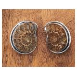 Ammonite Fossil & Silver Clip Earrings Signed JB