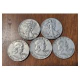 5 US 90% Silver 1/2 Dollar Coins Franklin Liberty