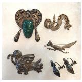 Mexican Silver Pins & Earrings Jade Mask Brooch