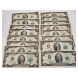 Sixteen 1976 US $2 Two Dollar Bills