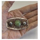 Vintage Mexican Brooch Alpaca Metal & Green Onyx