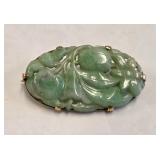 Antique 14K Gold Carved Green Jade Oval Brooch