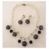 15" Black White Bakelite Catalin Necklace Earrings