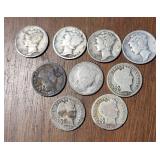 Nine US Silver Mercury & Barber Dime Coins