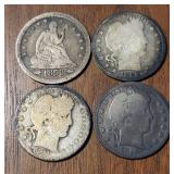 SIX US Silver Quarters Barbers & Liberty Seated