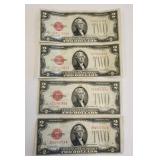 Four US 1928 G $2 Two Dollar Red Seal Bills