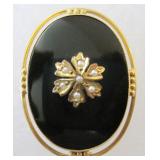 Antique Edwardian 10k Gold Onyx Seed Pearl Pin