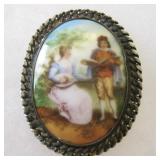 Antique Czech Sterling Silver Porcelain 1 3/4" Pin