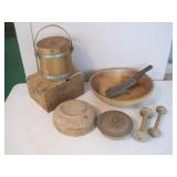 Antique Woodenware Firkin Bowls Box Meat Cleaver