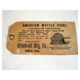 RARE Original Tag Griswold American Waffle Iron