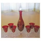 Mid 20th Century Floral Etched Ruby Cordial Set