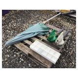 PATIO UMBRELLA, STORAGE BOX, (2) ELECTRIC BLOWERS