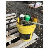 BUCKET OF MISC GREASE GUNS & WELDING RODS